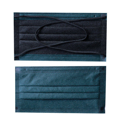 Black and sage green disposable protective mask with crossed ear straps, showing pleated design and non-woven fabric. - Image 10