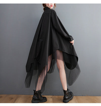 Vestido Camisero Holgado de Doble Capa con Malla Irregular - Image 15