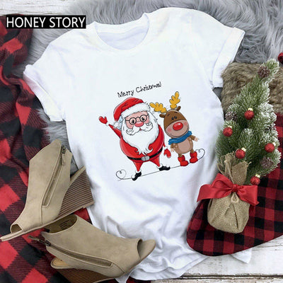 Playera Navideña Roja para Parejas - Diseño Reno y Santa - Image 7