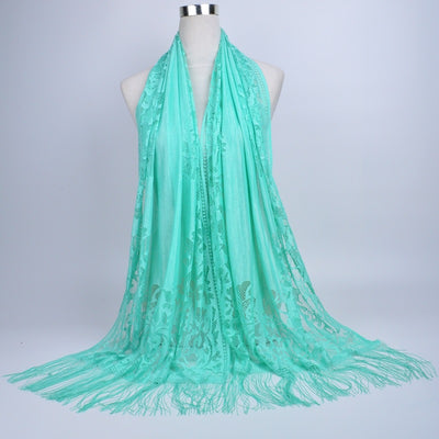 Pañuelo Hijab Encaje Calado Color Sólido con Borlas - Image 34