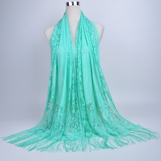 Pañuelo Hijab Encaje Calado Color Sólido con Borlas - Image 34