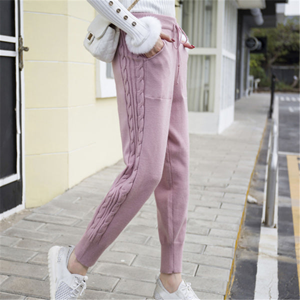 Pantalones Harem Tejidos Cómodos con Encaje de Lino y Grosor Premium