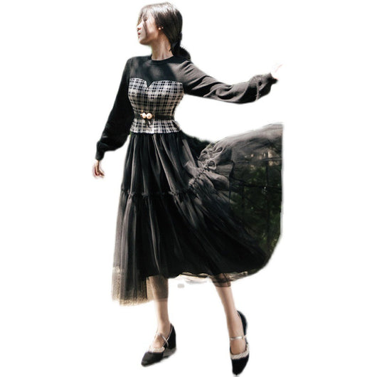 Vestido Cuadros con Malla Combinada - Elegancia y Temperamento - Image 6