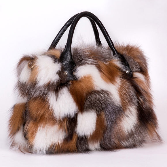 Bolso Bandolera de Piel de Zorro y Lana con Un Hombro