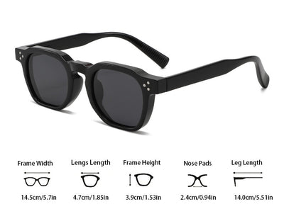Black square frame sunglasses with dark lenses and small silver accents on the front, shown at an angle. - Image 22
