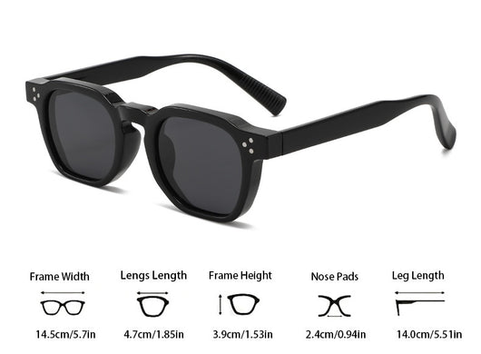 Black square frame sunglasses with dark lenses and small silver accents on the front, shown at an angle. - Image 22