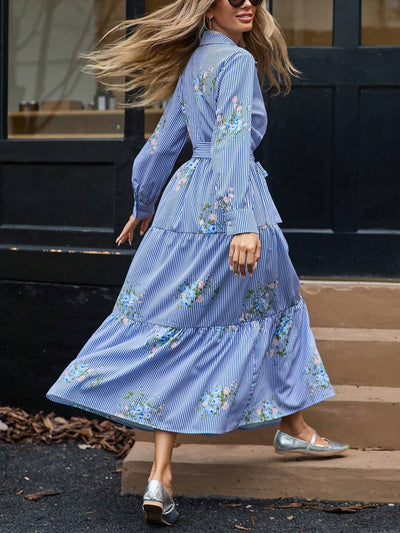 Vestido Camisero Largo con Estampado de Flores a Rayas - Image 12