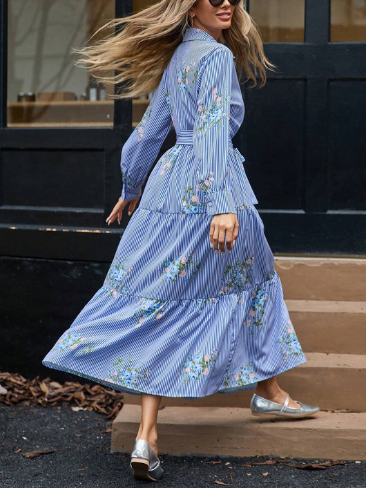 Vestido Camisero Largo con Estampado de Flores a Rayas - Image 12