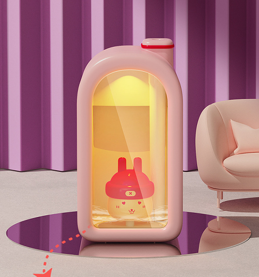 Pink automatic blind box rabbit night humidifier with a white rabbit figure inside, featuring a red hat and heart details.