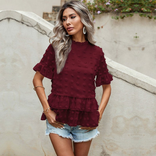 Blusa de Chifón Cascada con Hoja de Loto de Manga Corta - Estilo Europeo y Americano - Image 8