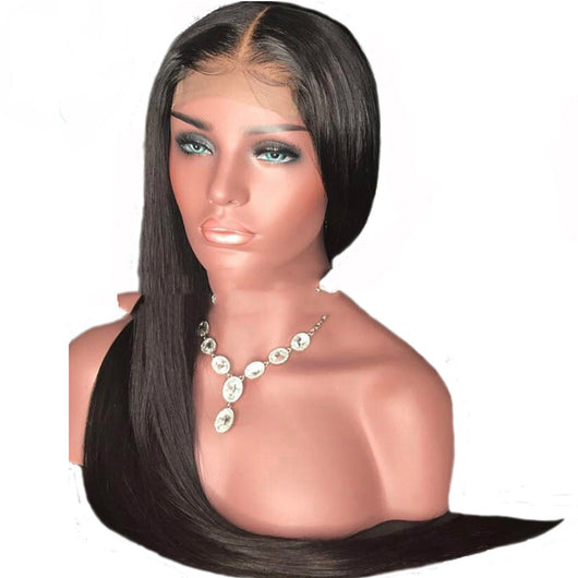 Peluca Frontal de Encaje Sintético Cabello Liso Negro Largo Medio - Image 8