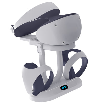 White ABS charging and storage stand for PS VR2 handles and glasses, with a U-shaped support and two charging docks. - Image 2