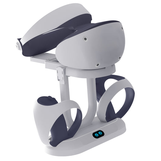 White ABS charging and storage stand for PS VR2 handles and glasses, with a U-shaped support and two charging docks. - Image 2