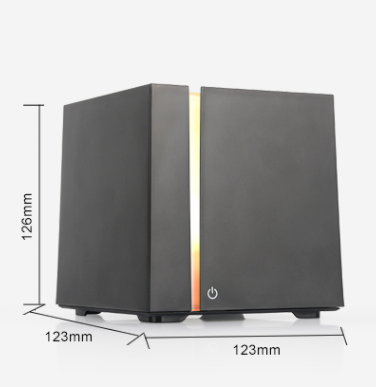White and grey marble pattern ultrasonic aromatherapy diffuser with a vertical gold LED light strip and power button. - Image 6