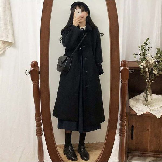 Abrigo de Lana Negra Grueso de Estilo Coreano Premium