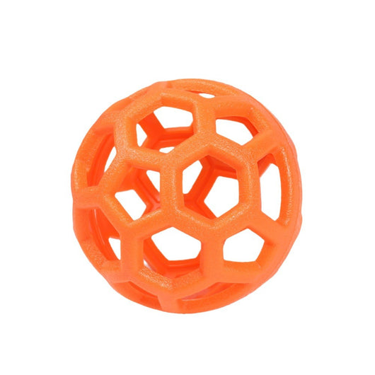 Orange TPR hollow lattice dog chew ball with a shiny pink bell ball inside for interactive pet play. - Image 9