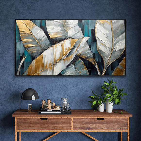 Cuadro Abstracto Hojas de Plátano Dorado Verde - Arte Moderno en Lienzo para Sala y Dormitorio