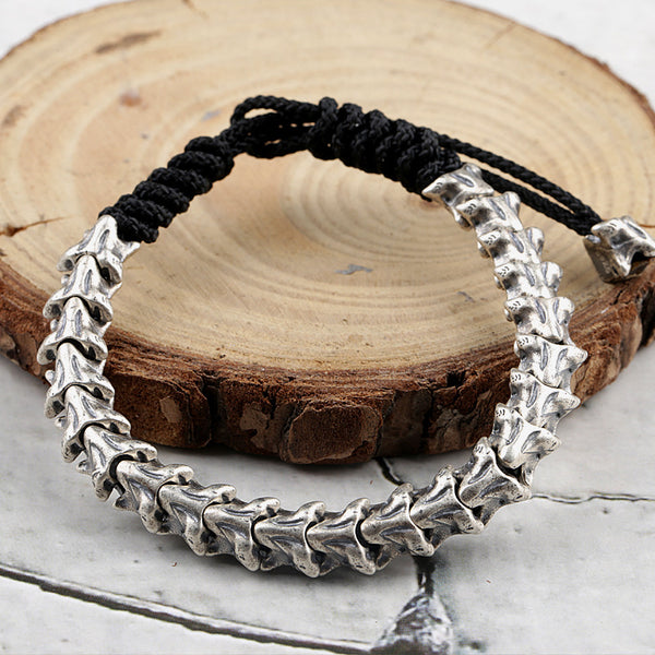 Pulsera Vintage de Plata Esterlina con Serpiente Espinada y Cuerda Tejida Ajustable