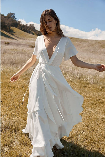 Vestido Blanco Largo Escote V Patchwork Manga Corta - Image 3
