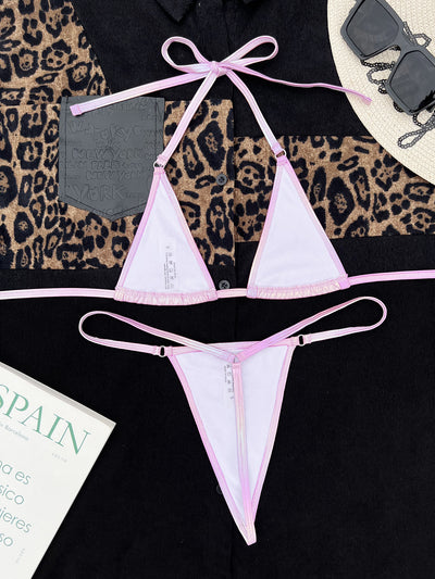 Women's pink and purple pearlescent gradient split bikini swimsuit with triangle halter top and thong bottom. - Image 5