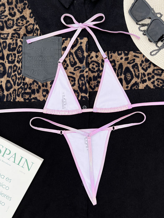 Women's pink and purple pearlescent gradient split bikini swimsuit with triangle halter top and thong bottom. - Image 5