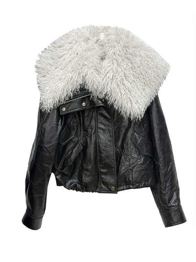 Chaqueta de Cuero con Cuello de Pelaje Desmontable - Lujo Retro Minimalista - Image 5