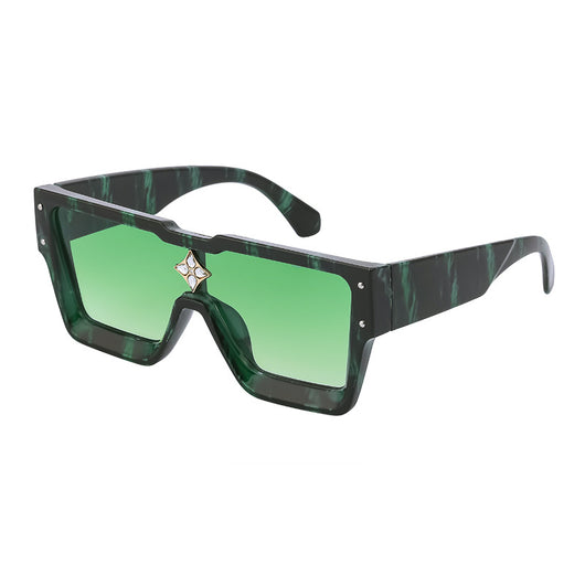 Black large frame square sunglasses with dark lenses and a gold star-shaped embellishment on the bridge. - Image 12