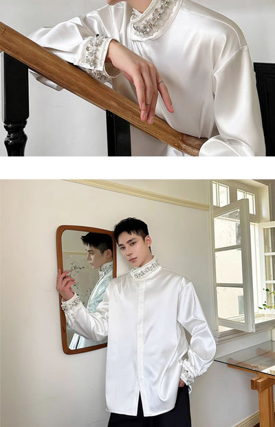 Camisa de Satén Elegante para Hombre con Cuello Mao y Detalles de Lentejuelas Brillantes - Image 22