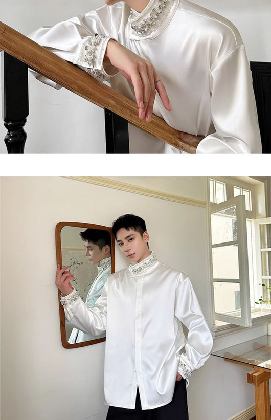 Camisa de Satén Elegante para Hombre con Cuello Mao y Detalles de Lentejuelas Brillantes - Image 22