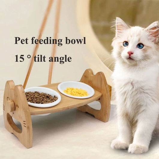 Comedero Doble de Cerámica con Soporte de Madera Ajustable para Perros y Gatos - Image 3