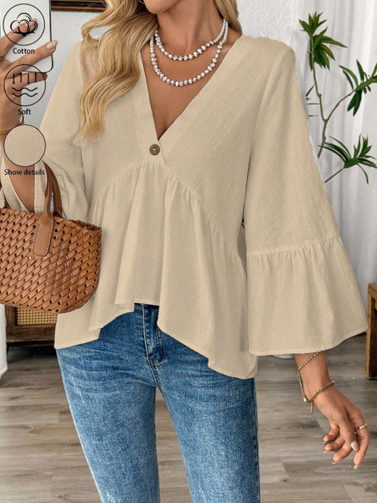 Blusa Cuello V con Mangas Volantes en Colores Sólidos - Image 30
