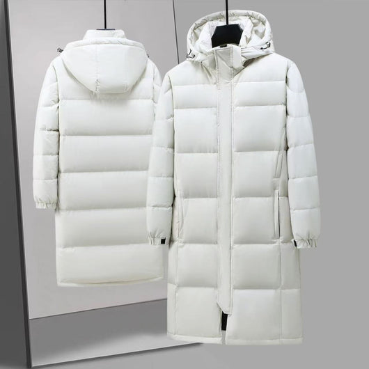 Black mid-length hooded down jacket with a quilted design, hanging on a metal rack in a store. - Image 13