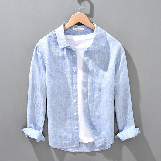 Camisa de Lino Transpirable Suelta para Hombre Color Sólido - Image 16