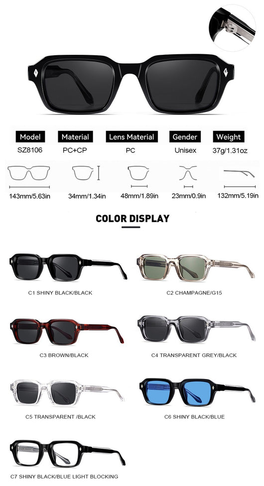 Black square-frame sunglasses with dark lenses and small silver diamond accents on the temples. - Image 19