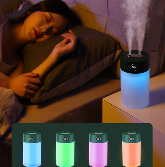 White cylindrical humidifier with a gold nozzle emitting mist, featuring a subtle bear emblem. Includes five aromatherapy oil bottles. - Image 15