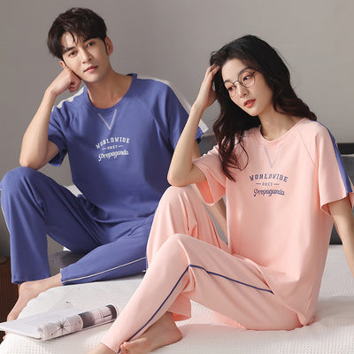 Matching red cotton couple pajamas with short sleeves, long pants, gold piping, and "Love you Dnaw" embroidery. - Image 10
