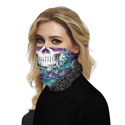 Black and white neck gaiter featuring a detailed skull and spine print, suitable for outdoor sports. - Image 28