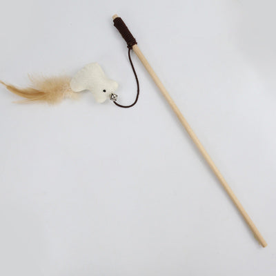 Wooden cat wand toy with a brown string, a small silver bell, a cream fabric mouse, and light brown feathers. - Image 35