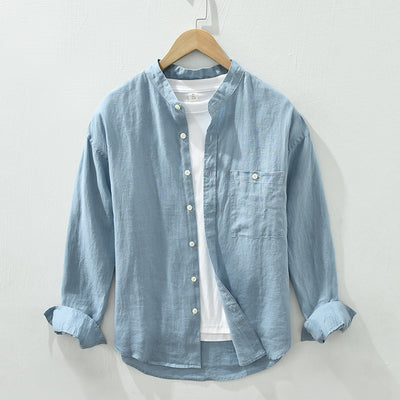 Camisa de Lino con Cuello Mao y Mangas Largas - Corte Holgado Casual - Image 8