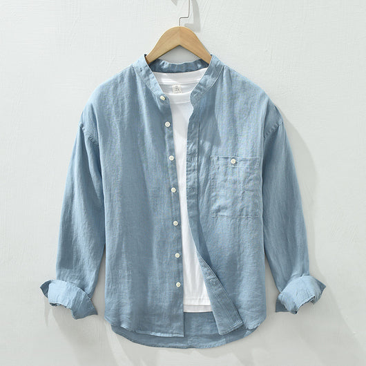 Camisa de Lino con Cuello Mao y Mangas Largas - Corte Holgado Casual - Image 8