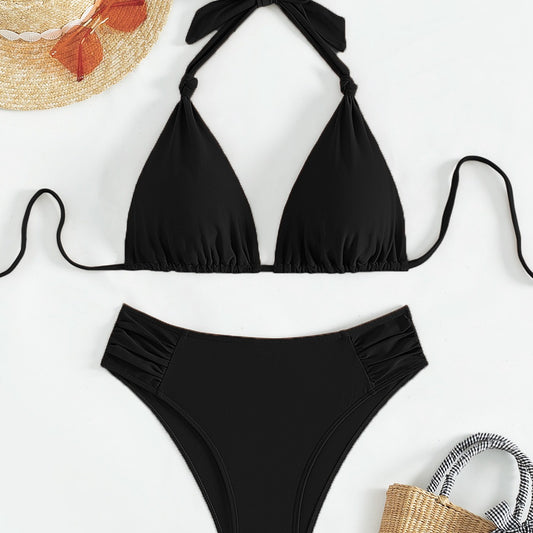 Solid olive green triangle halter bikini swimsuit for women, featuring a high-waisted bottom with ruched sides. - Image 2