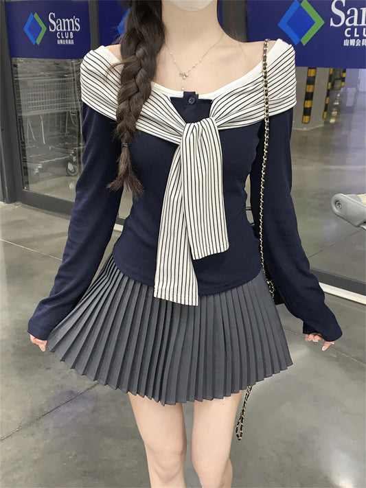 Blusa Rayas con Cordones y Encaje Manga Larga para Mujer - Image 2