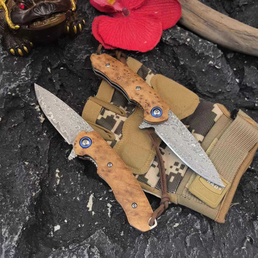 Cuchillo Portátil Plegable de Acero Damasco con Mango de Madera Yaebai - Image 6