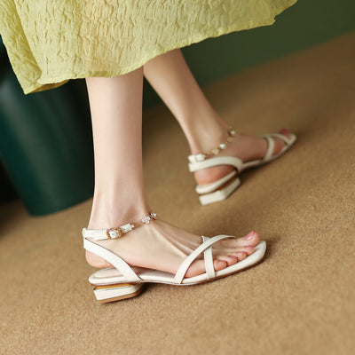Sandalias de Cuero con Punta Cuadrada y Tira Ajustable - Talón Bajo Talla Grande y Pequeña - Image 6