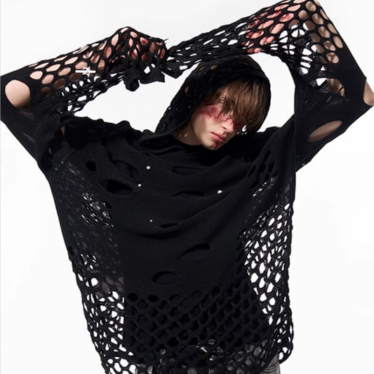Sudadera con Capucha Hueca para Hombre Primavera Negra con Perlas Decorativas