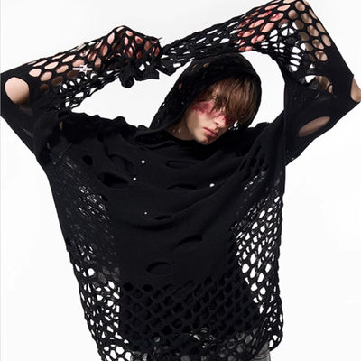 Sudadera con Capucha Hueca para Hombre Primavera Negra con Perlas Decorativas