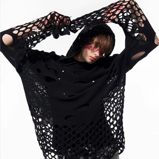 Sudadera con Capucha Hueca para Hombre Primavera Negra con Perlas Decorativas