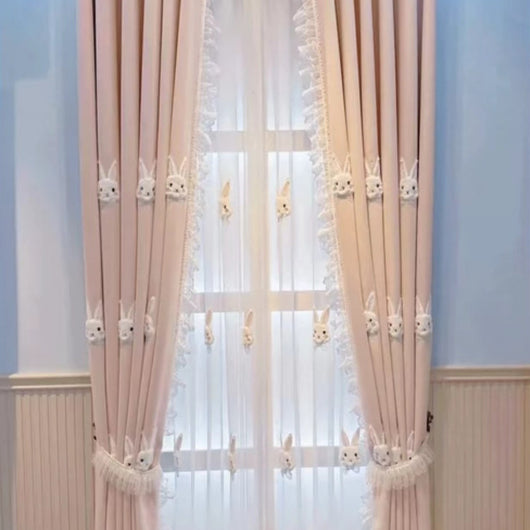 Pink curtains with white plush rabbit appliques, paired with a sheer white inner curtain also featuring rabbit designs. - Image 3