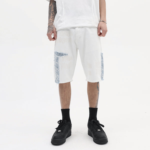 Shorts Denim con Paneles de Contraste Bordados para Hombre