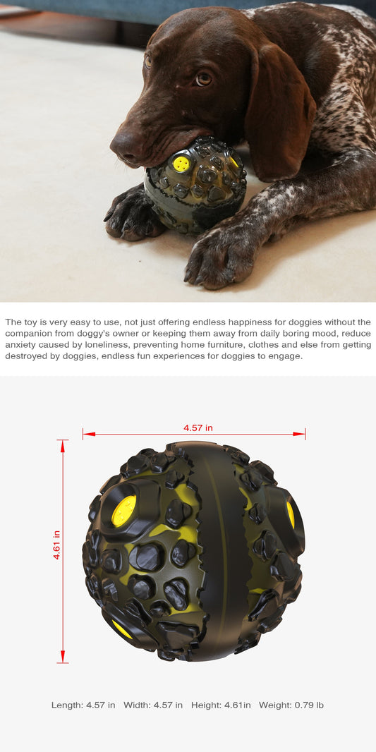 Black and yellow meteorite-shaped dog teether ball toy with textured surface and embedded yellow lights. - Image 2